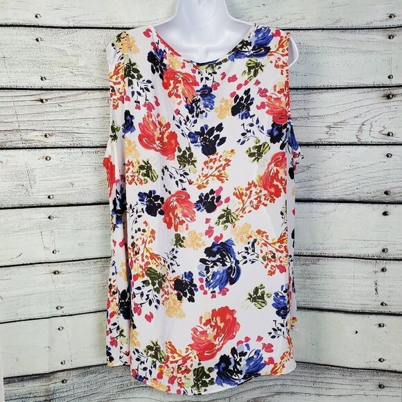 Rose + Olive Women’s Top 3X White Multicolor Floral Print Sleeveless Keyhole - Picture 4 of 7